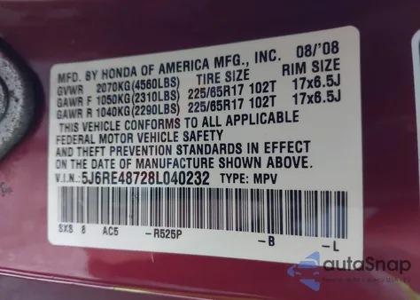 2008 Honda Cr-V Ex-L from USA, damaged, VIN 5J6RE48728L040232